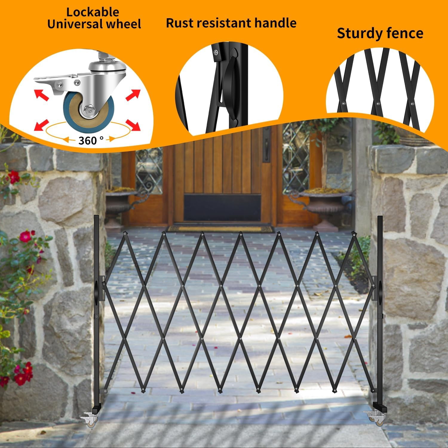Expandable Barricade Gate,82" Metal Safety Barrier Gate with Casters,Accordion Garden Yard Outdoor Indoor Fence Folding Security Dog Gates Wall Mount,Black