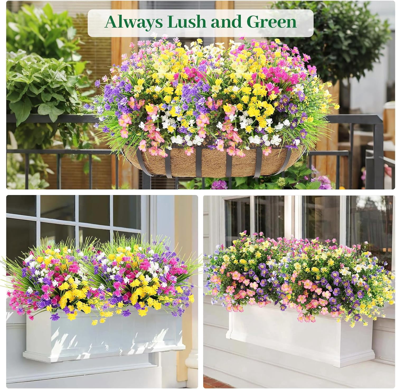 Artificial Flowers for Outdoor - UV Resistant Faux Flowers with Eucalyptus & Fake Lavender Greenery Plants for Indoor Garden Patio Porch Window Box Hanging Decor