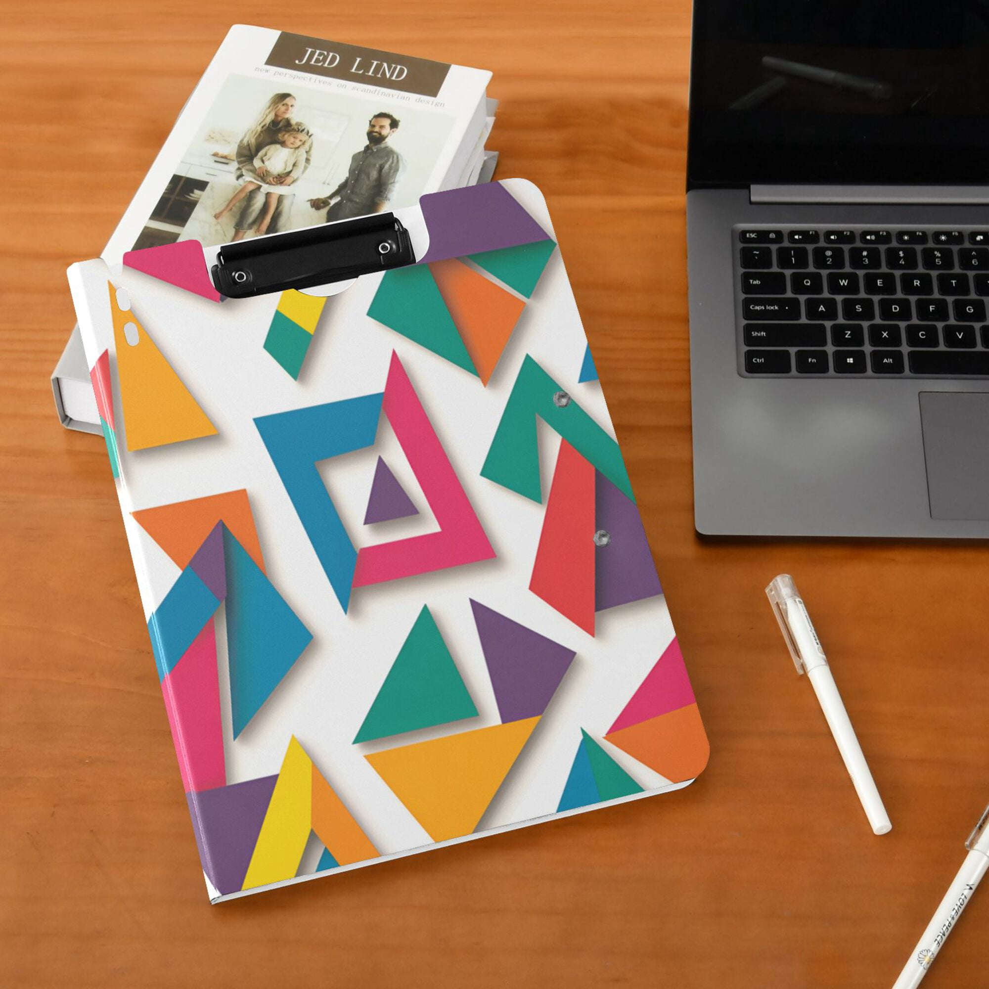 FORMRS A4 Clipboard Folder with Pen Holder Horizontal Foldable School Office Binder, Purple Triangles