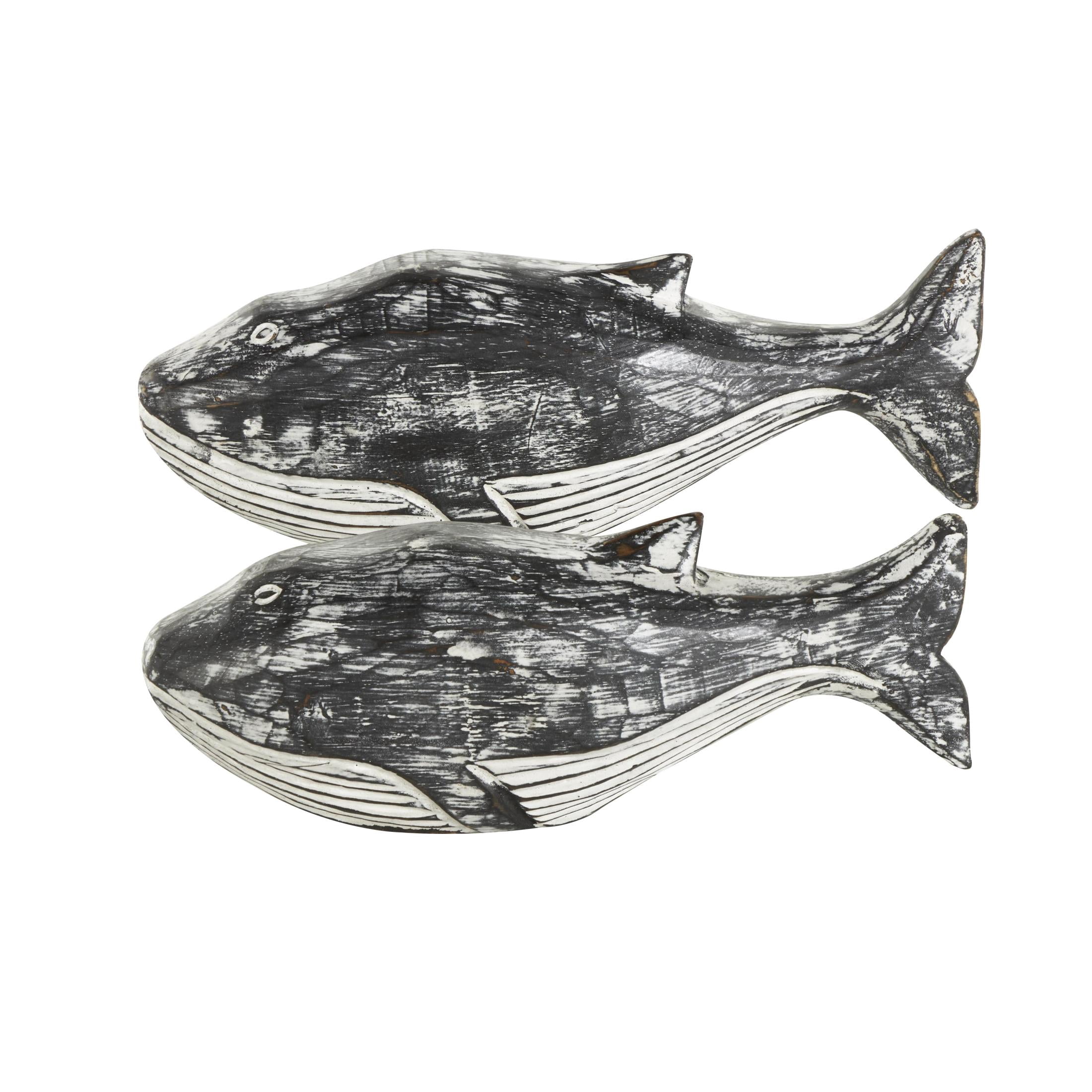 13", 11"W White Wood Distressed Whale Sculpture, by DecMode (2 Count)