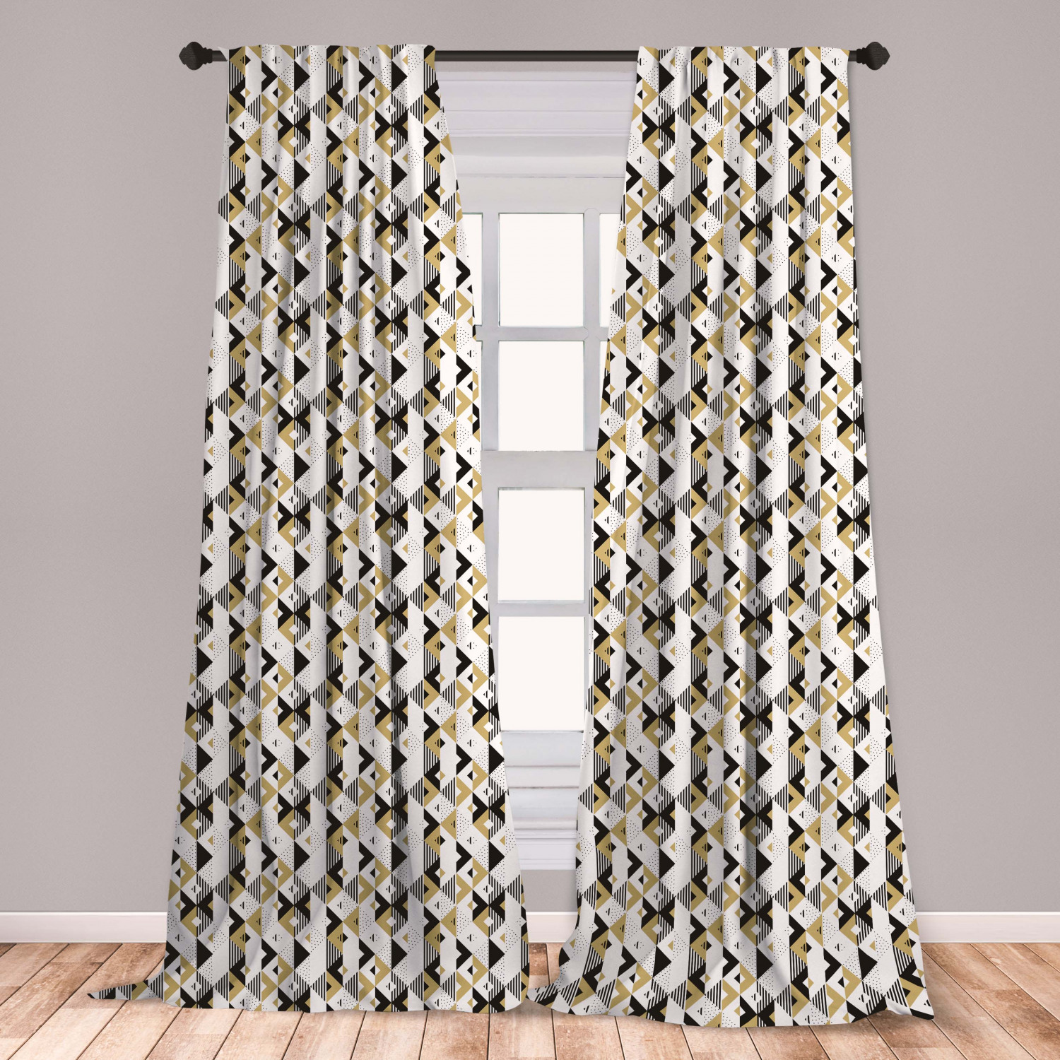 Geometric Curtains 2 Panels Set, Abstract Triangles with Stripes and