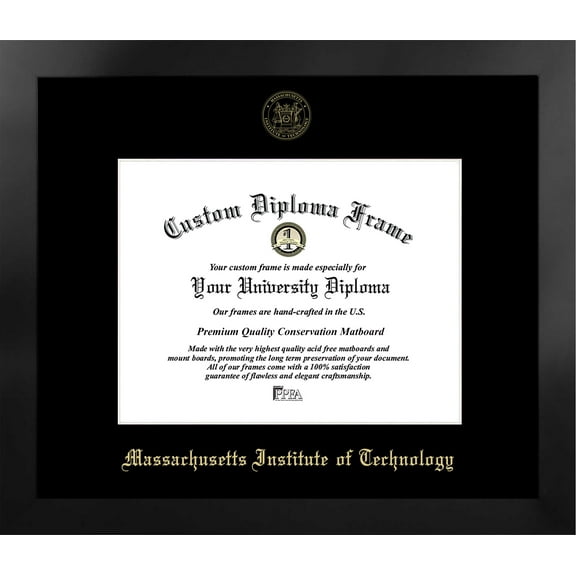 Massachusetts Institute of Technology 11.75w x 9.25h Manhattan Black Single Mat Gold Embossed Diploma Frame with Bonus Campus Images Lithograph (value savings at $59)