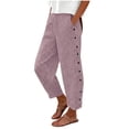 thumbnail image 2 of JOANKDMI Cropped Pants for Women Striped Casual Summer Capris High Elastic Waist Loose Fit Wide Leg Flowy Trousers with Side Buttons Pockets Vacation Essential, 2 of 4