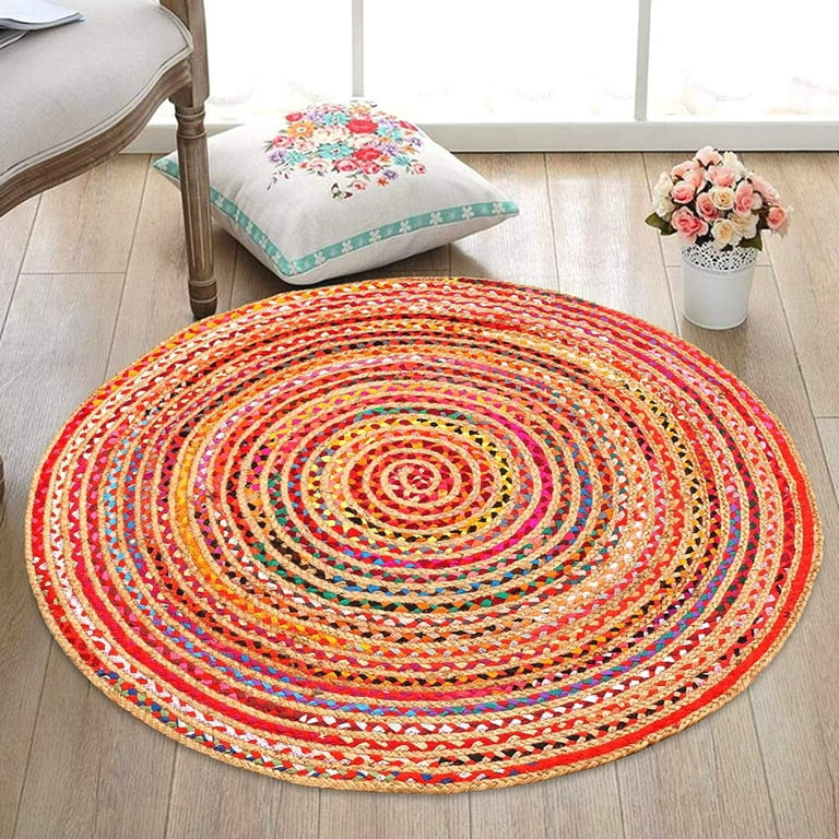 Indian Handmade Braided Multi Color Cotton with Natural Jute Round Rugs ,  Home Decor Carpet Size 2 x 2 Feet Round ( 60 cm x 60 cm)