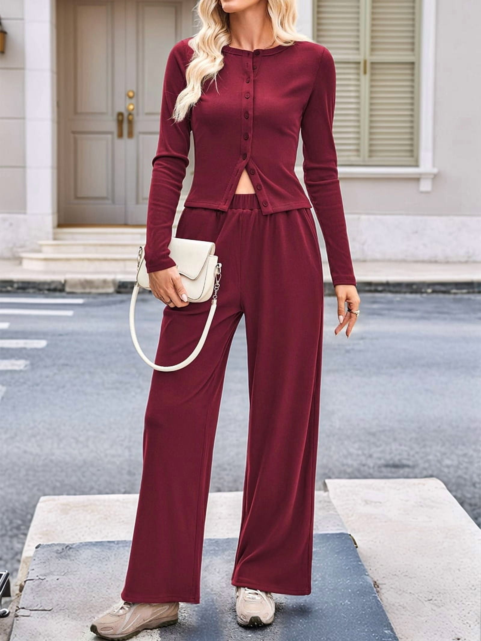 Women 2 Piece Foldover Yoga Flare Pants Long Sleeve Knit Tops