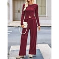 thumbnail image 4 of Women 2 Piece Foldover Yoga Flare Pants Long Sleeve Knit Tops Casual Outfits Matching Tracksuit Set Wine Red S, 4 of 7