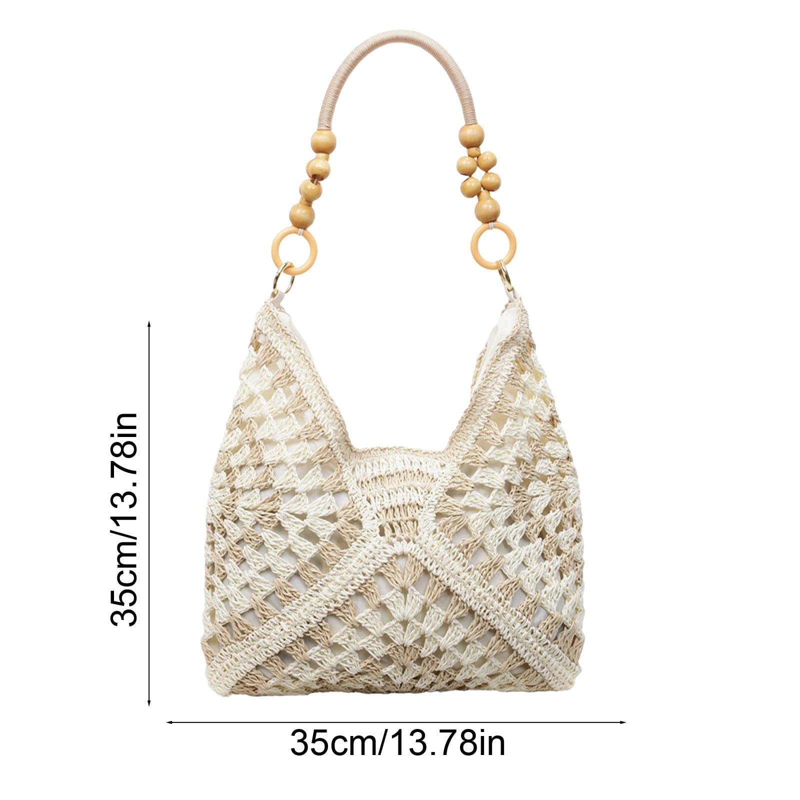 SHJHENG Women's Handmade Crochet Tote Bag, Large Capacity Woven Shoulder Bag with Wooden Beaded Handle, Openwork Knit Hobo Handbag, Versatile Commuter Tote