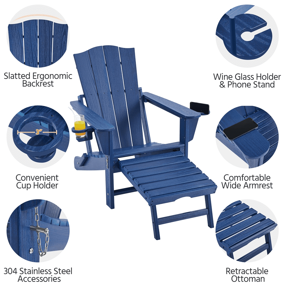 Renwick Outdoor HDPE Adirondack Chair with Retractable Ottoman, Navy Blue