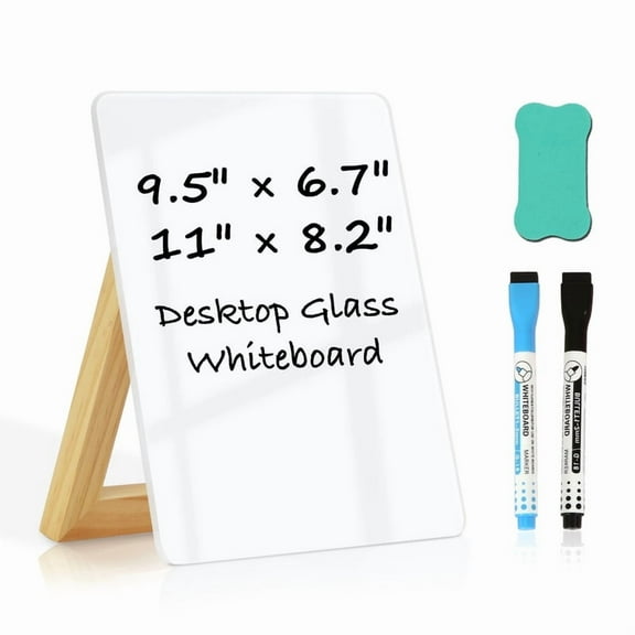 Glass Desktop Whiteboard with Reversable Stand 9.4x6.85 in Tabletop Small Portable Dry Erase White Board Easel with Adjustable Wood Stand Reusable Desk Notepad for Home Office Supplies