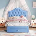thumbnail image 3 of Tamaño individual velvet forrado cama de plataforma: LED lights, crystal button cabecero, almacenamiento cajón, noise-free, no box spring, princess/girls cama para teens (blue - fun y moderno), 3 of 8