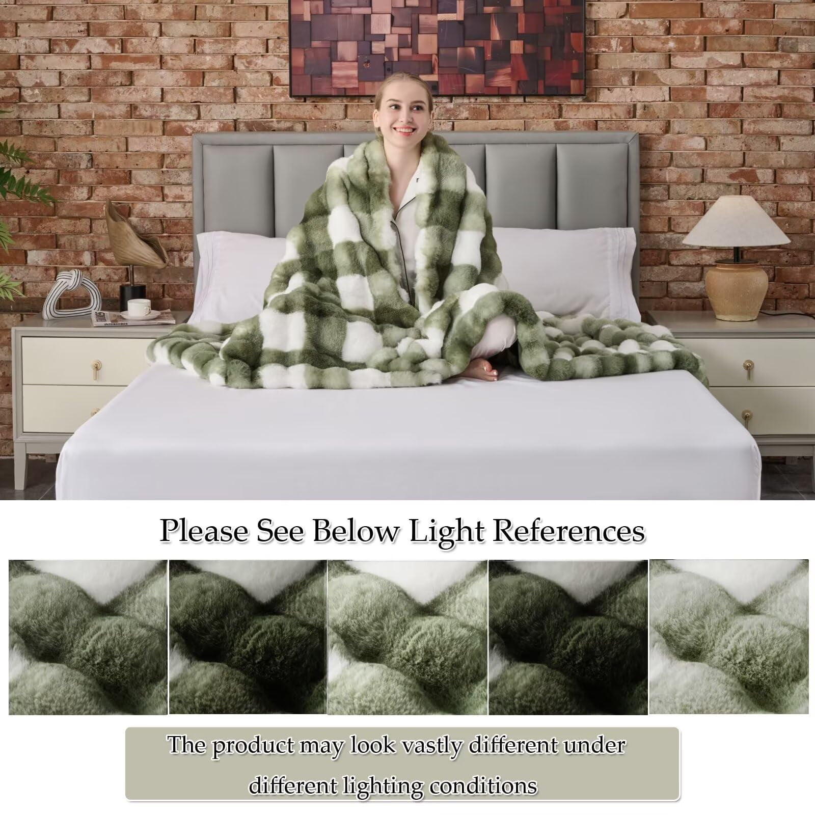 760GSM Faux Rabbit Faux Fur Throw Blanket,Super Thick Warm Bubble Blanket Throw,Fuzzy Luxury Plush Decorative Blanket for Couch Bed Sofa(Sage Green Grid Print,60''x 80'')