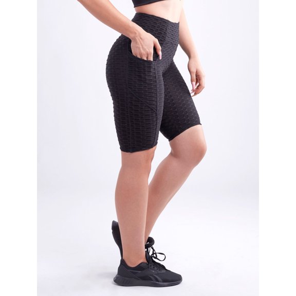 High-Waisted Scrunch Yoga Shorts with Hip Pockets Black Small Medium