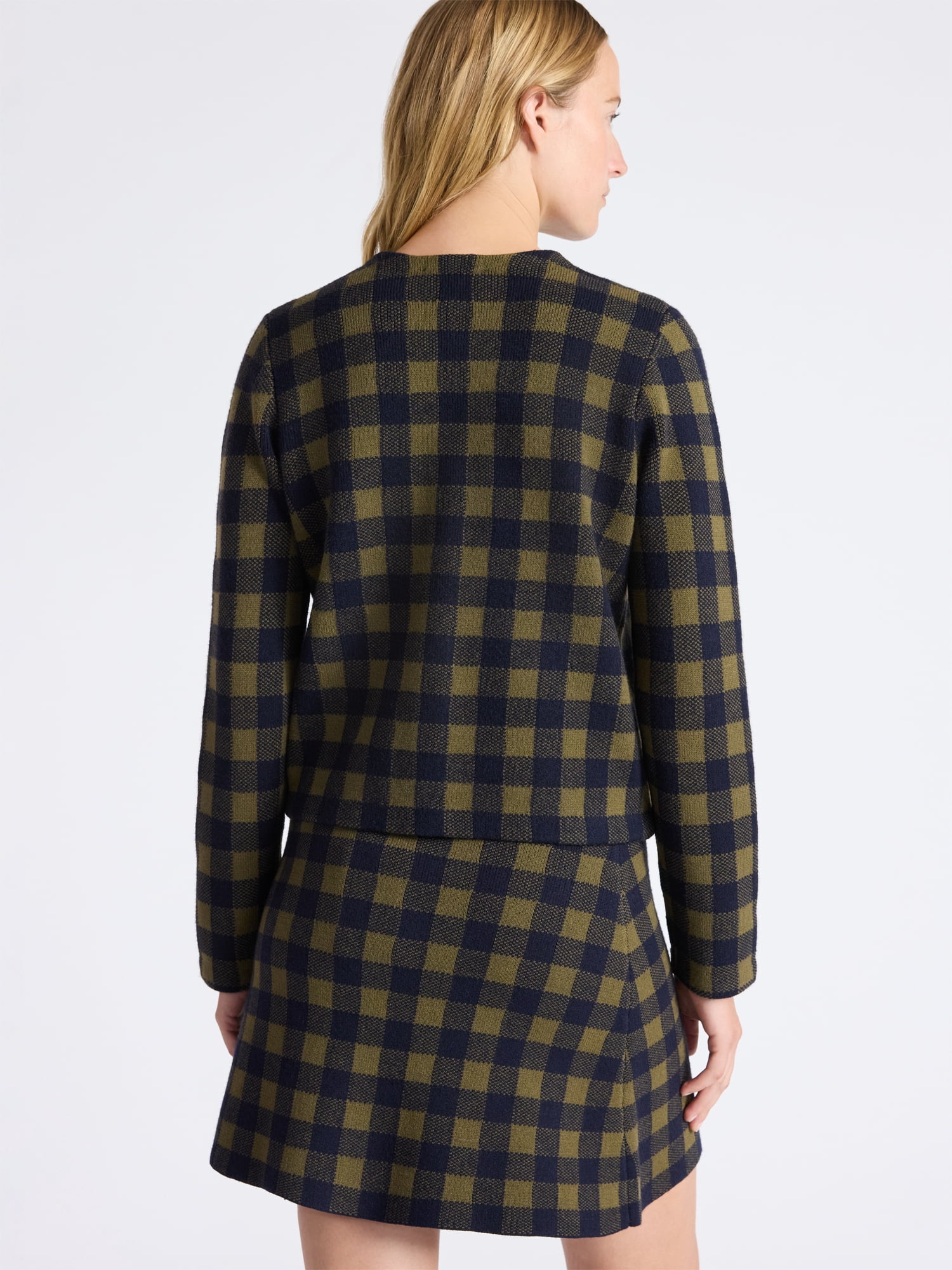 Free Assembly Women's Plaid Cardigan Sweater with Double Welt Pockets, Midweight, Sizes XS-XXL