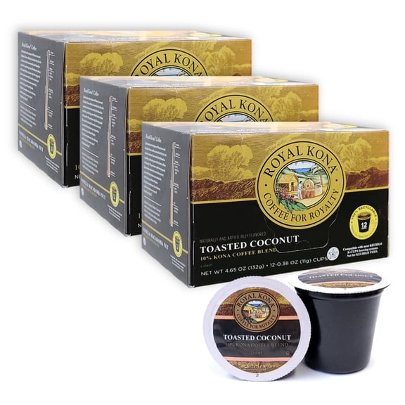 Royal Kona Coffee Toasted Coconut, 10% Kona Blend, Single-Serve Coffee Pods - 12 Count Box (Pack of Three)