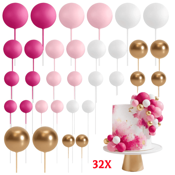 32Pcs Ball Cake Topper Decorations, Mini Balloons Cake Topper, Balls Cake Decorations for Wedding Party Birthday Cake Toppers