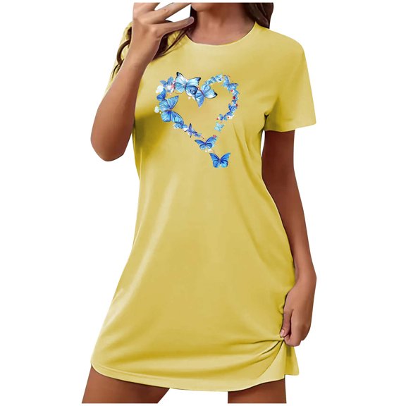 JIUKE Nightgowns for Women Casual Loose Fitted Short Sleeve Nightshirts Crew Neck Cute Graphic Nightdress