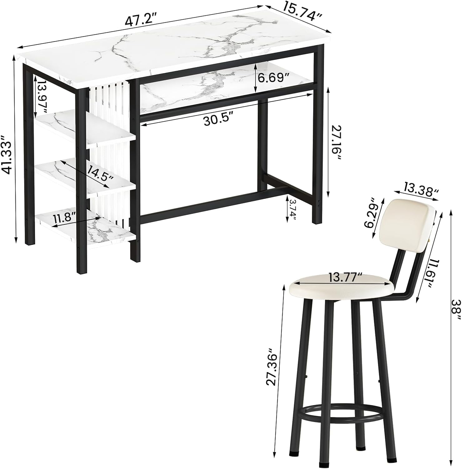 LinkRomat Bar Table and Chairs Set for 2, Marble Kitchen Island Table with 2 PU Bar Stools, Tall Kitchen Table and Chairs with Storage for Small Spaces, Home & Apartment, White
