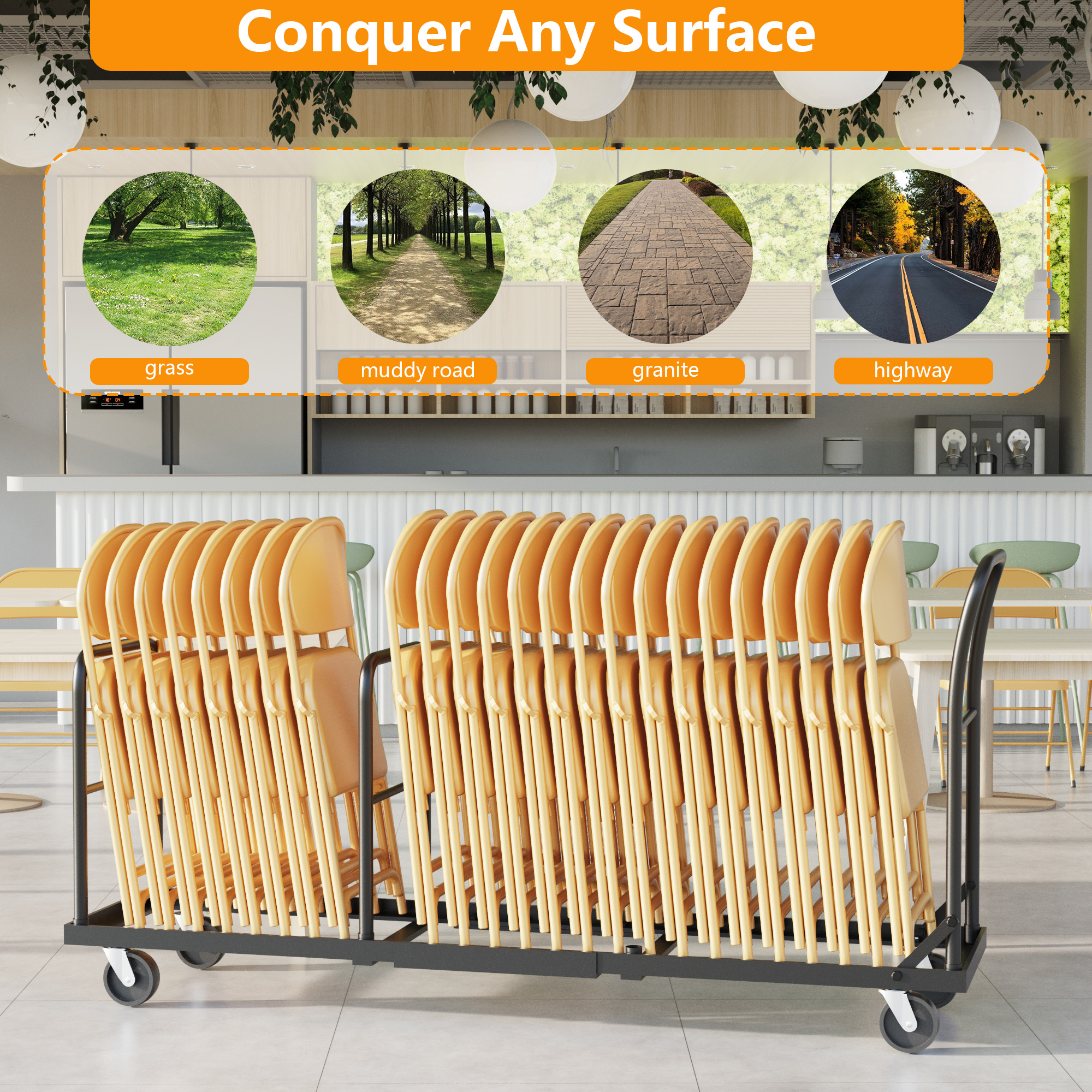 HOHYN Industrial Folding Chair Hand Truck | 2000LB Capacity, 4-Wheel Stability System, All-Terrain Mobility | Ideal for Event Venues, Banquet Halls and Hospitality Use