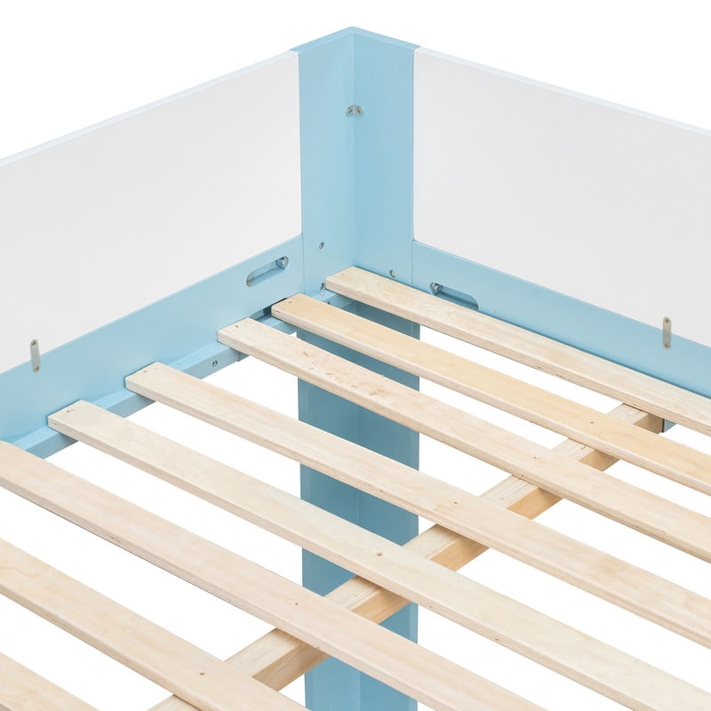 Queen-Over-Queen Low-Profile Bunk Bed with Guardrails, Wooden Kids Bed with Reversible Ladder, Accent Two-Tone Bed Frame