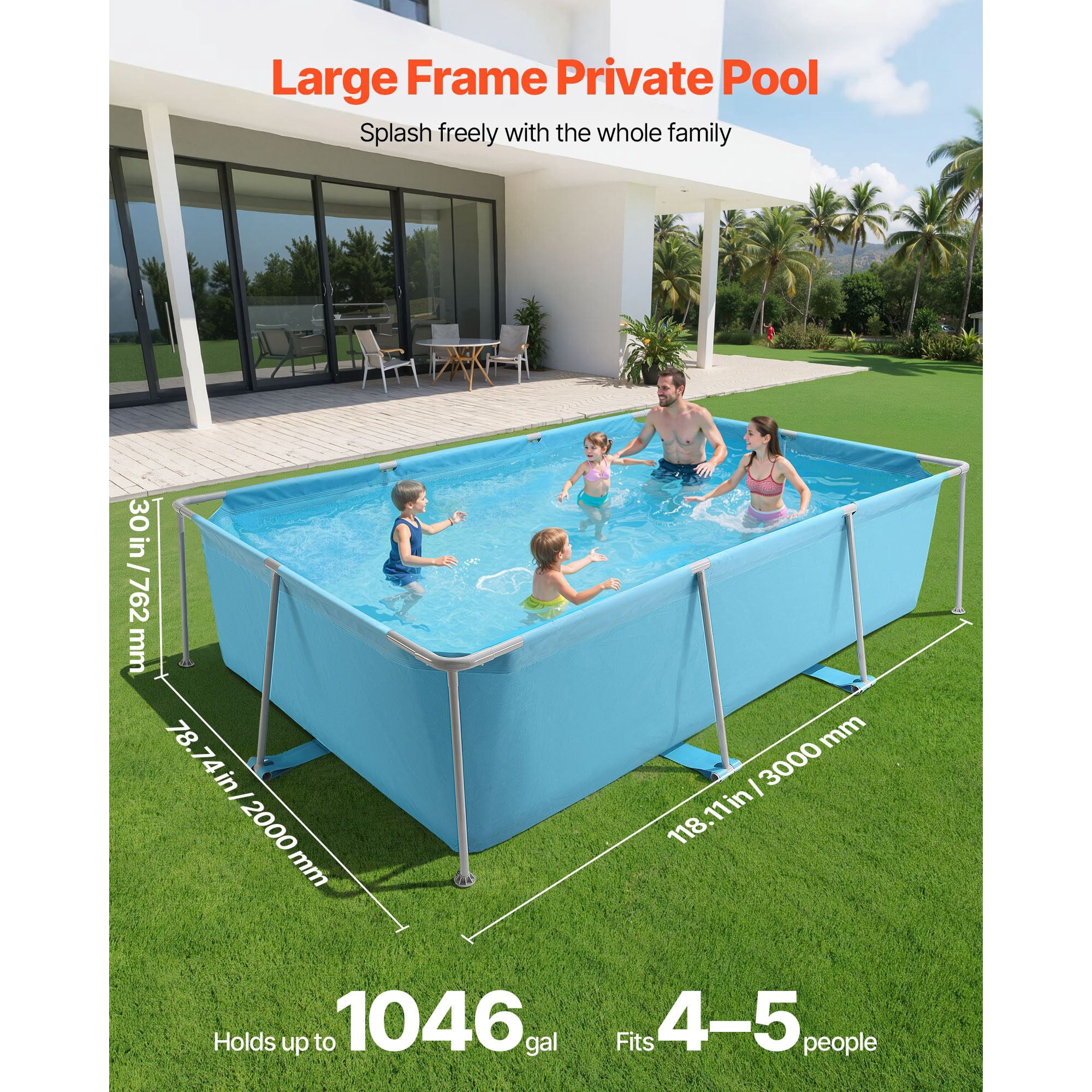 118x78x30 in Above Ground Pool, Rectangular Steel Frame with 1046 gal Capacity, Blue