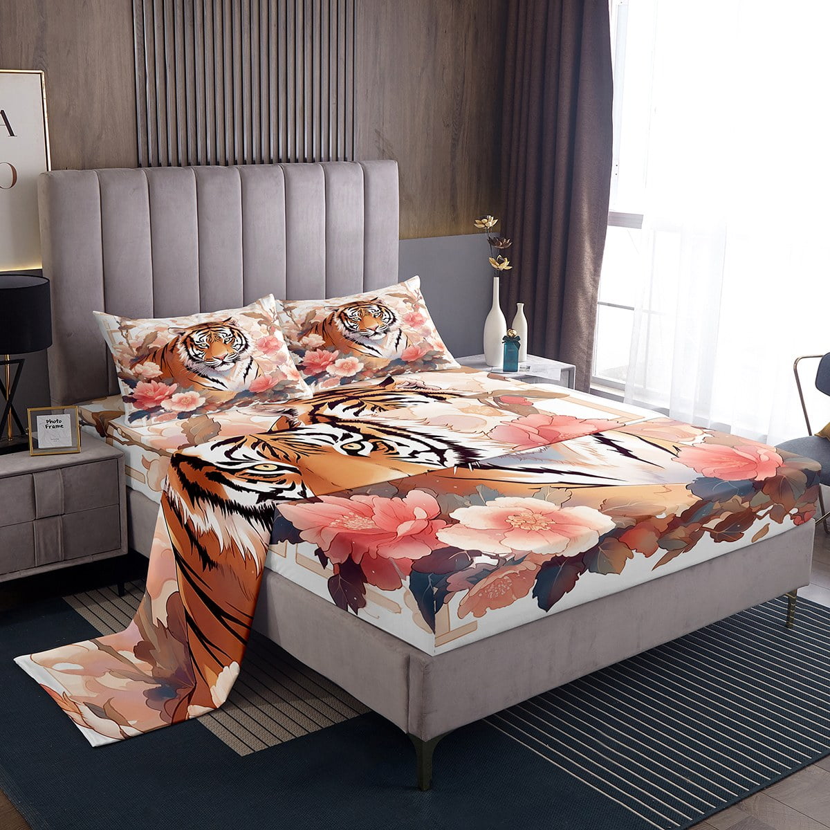 YST Tiger Floral Sheet Set Rose Flower Tiger Kids Sheets for Girls Bed In A Bag Full Cartoon Safari Animal Bed Sheets Set Fierce Bedding Set with 2 Pillowcases Walmart