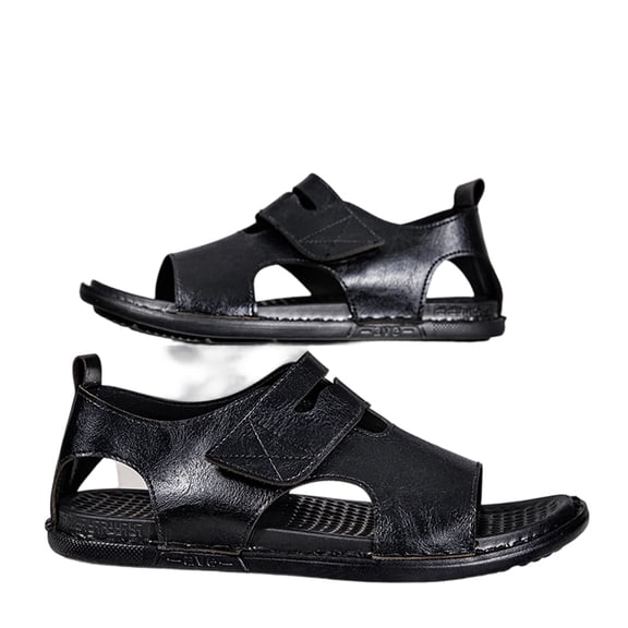 EKVAHL Leather Roman Sandals for Men, Breathable Open Toe Flat Walking Shoes, Non Slip Beach Outdoor Daily Casual Sandals Black