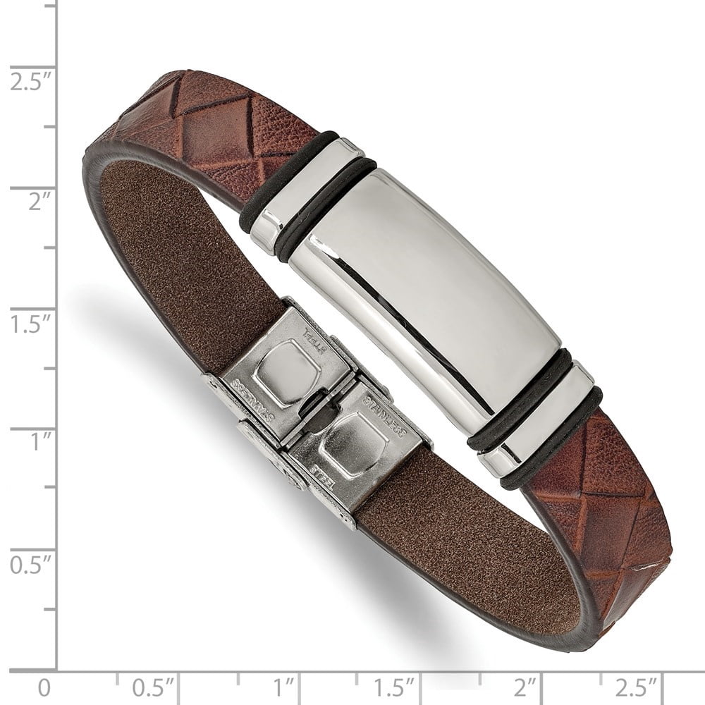 Diamond2Deal Stainless Steel Polished Brown Faux Leather with Black Rubber ID Bracelet for Men 8.25"