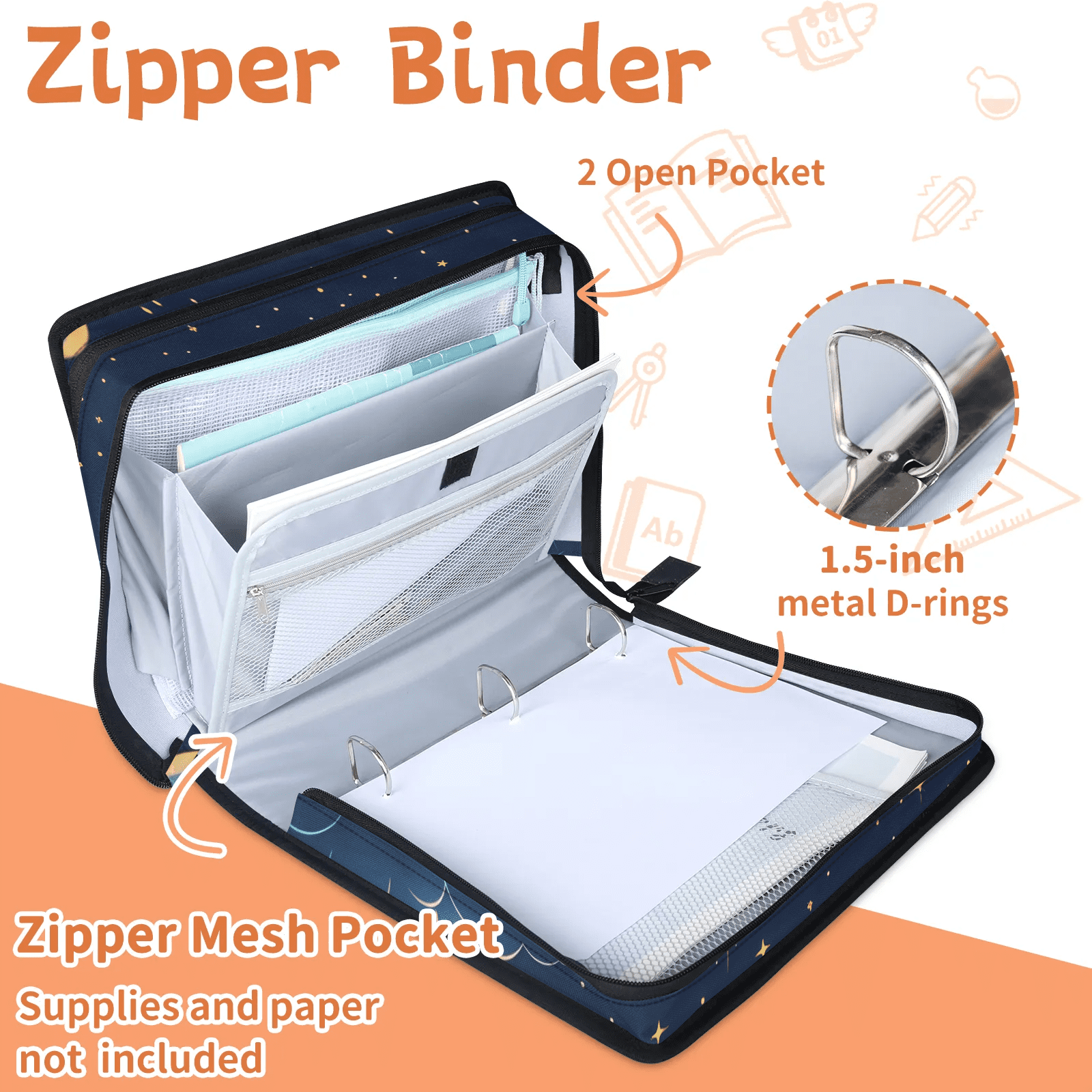 Herdesigns Space Galaxy Zipper Binder 1.5 Inch 3 D-Rings with Shoulder Strap & Handle, Waterproof Moon Star Binder Organizer Bag for 13 Inch Laptop