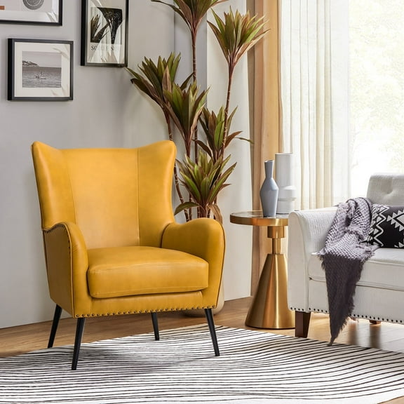 Faux Leather Armchair with Removable Cushion Contemporary Wingback Accent Chair for Living Room Bedroom Yellow