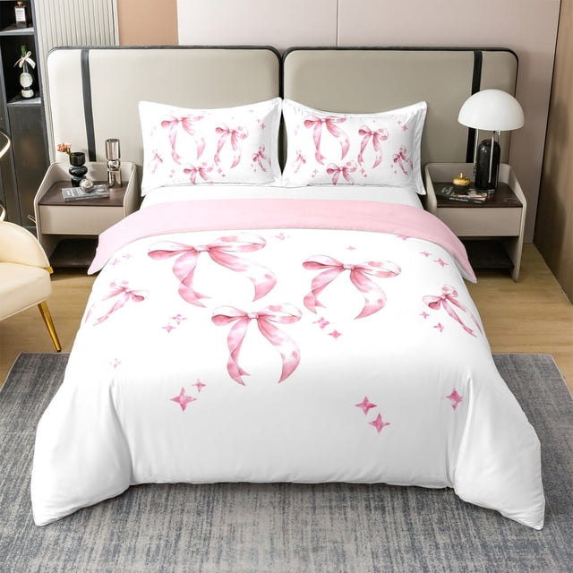Erosebridal Housse de Couette 100 % Coton Rose Girly avec Nœud Papillon Format Double, Ensembles de Literie avec Nœud Dessin Animé Format Double, Déco Étoiles de Rêve, Réversible 3 Pcs (Sans Couette)