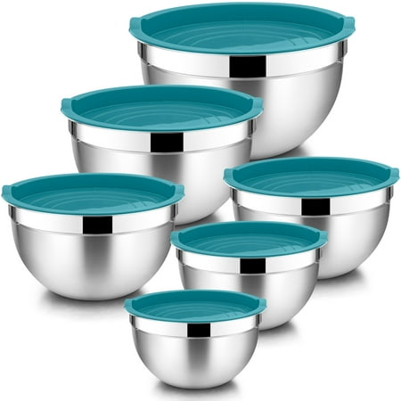 

Walchoice Mixing Bowls with Lid Set of 6 Stainless Steel Metal Nesting Bowls for Cooking Baking Preparing Serving Size 4.5/3/2.5/1.5/1/0.7 QT - Dark Blue