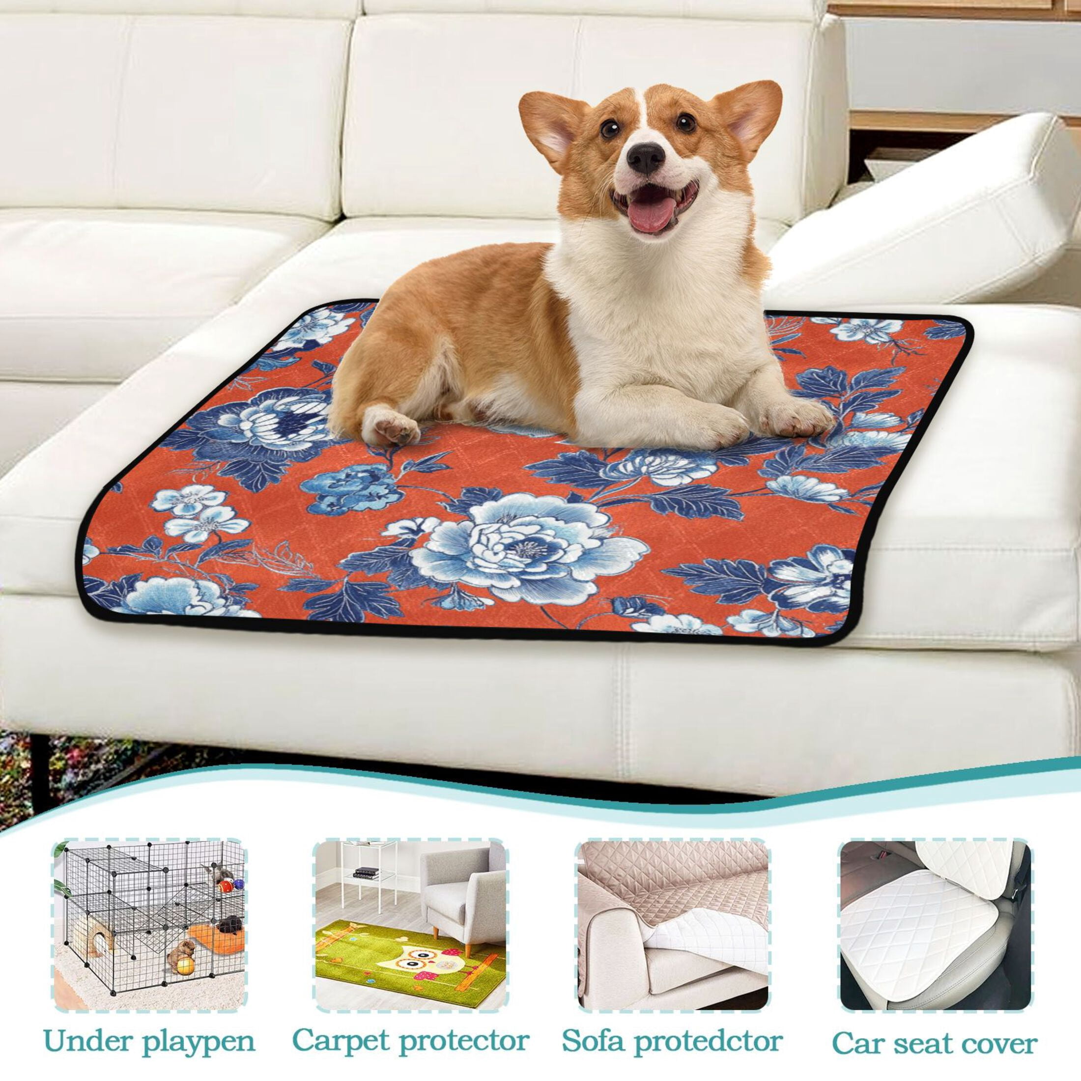 Qxltty Navy Blue Porcelain Flower Pattern Cat litter Pads Pet Set of 2 Diaper Mats Center Anti-leakage Layer Absorbent Soft and Comfortable