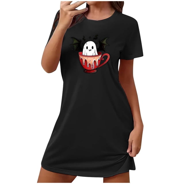 Tnhcen Robe de Nuit pour Femmes Saison Effrayante Grande Taille Imprimé Dessin Animé Manches Courtes Col Rond Polyester Spandex Doux P-2TG pour des Nuits d'Halloween Douillettes