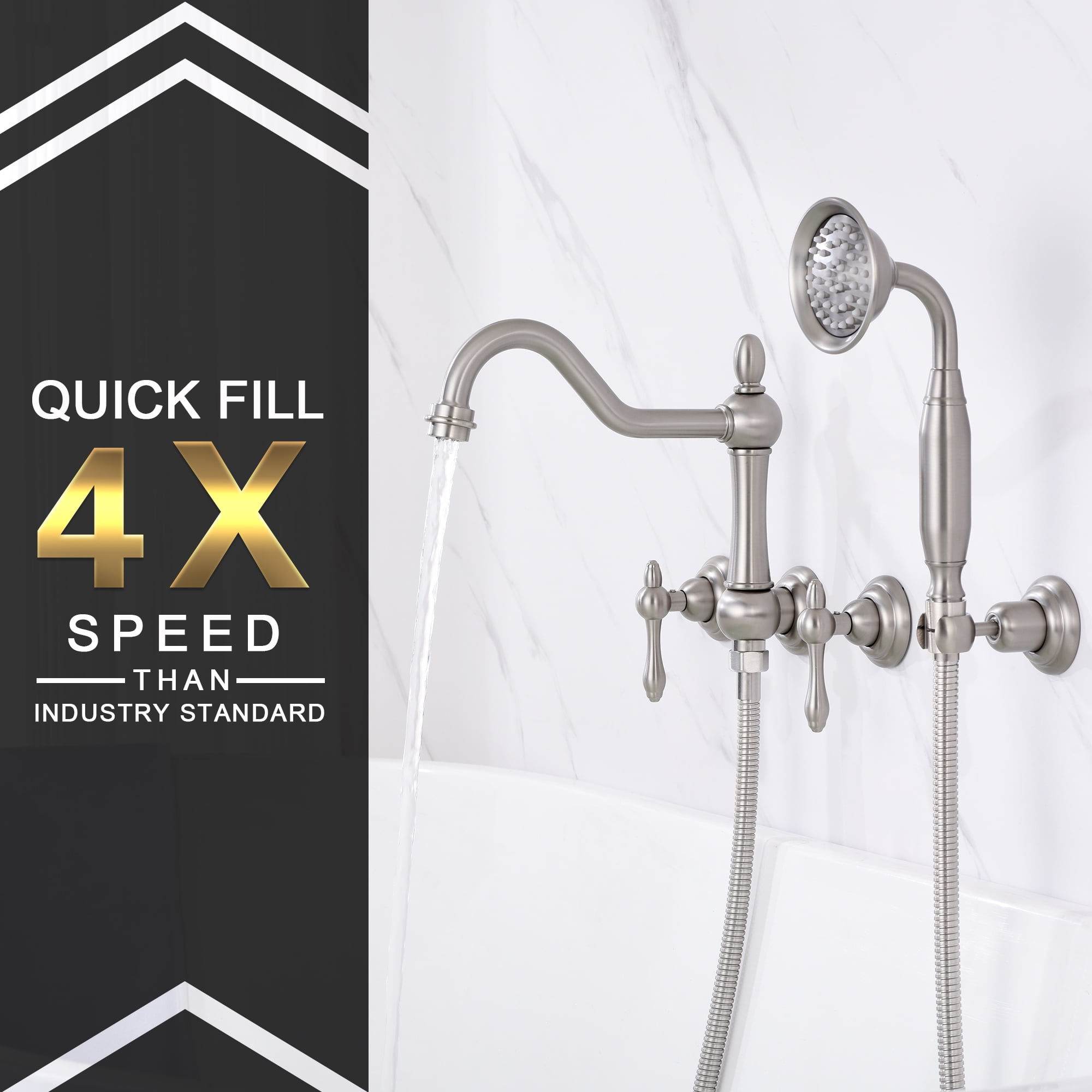 SUMERAIN Wall Mount Bathtub Faucet with Handheld Sprayer, High Flow Traditional Tub Filler Brushed Nickel, Rough-in Valve Included