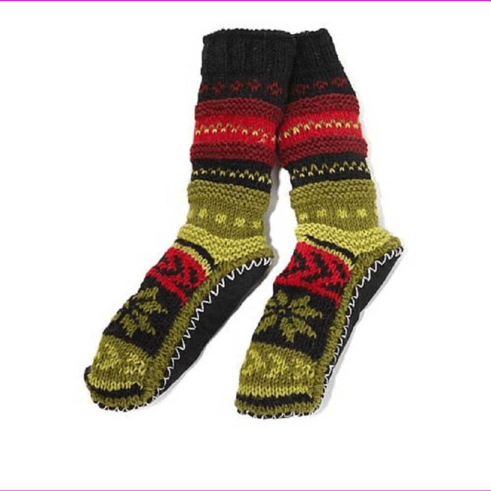 Slipper Socks Hand Knit Home Shoes Knitted Slippers Green Striped Socks for House Wide Ankle Socks