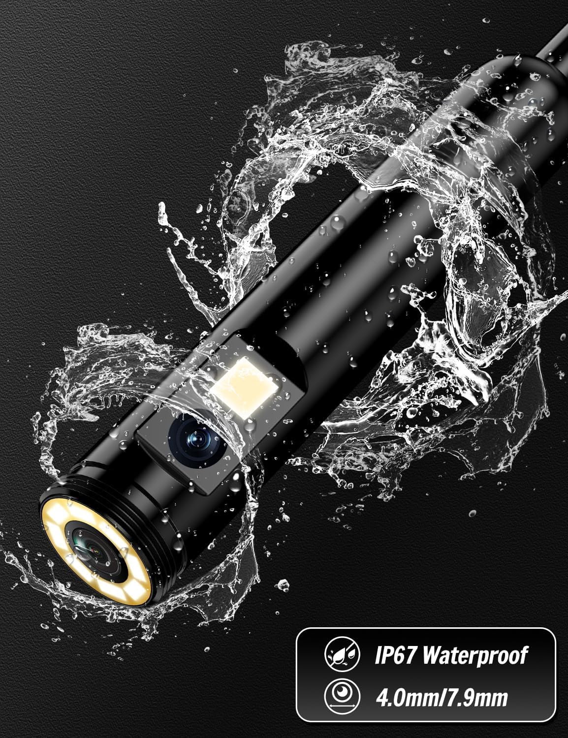HD Endoscope Dual Lens with Light, Waterproof, for Pipeline Inspection Camera, No WiFi Required - 16.4ft/5m