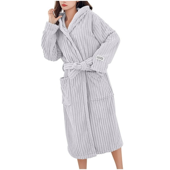 Htigea Women's Shower Wrap Bathrobe Fleece Hooded Long Robe Ladies Loungewear Nightgown with Belt and Pocket Gray,Free Size