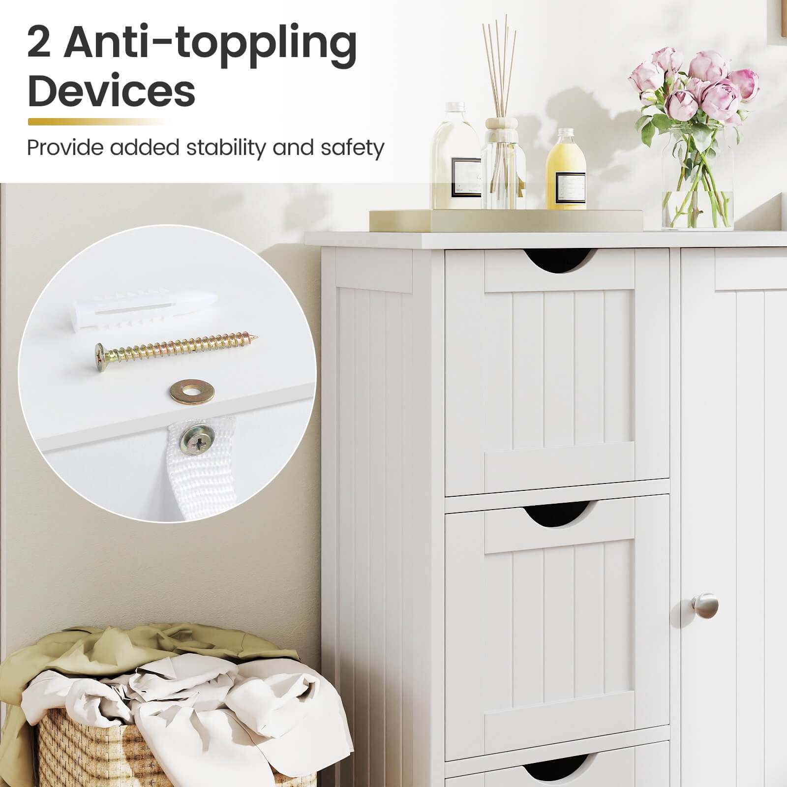 Costway Bathroom Floor Cabinet Side Storage Cabinet with 3 Drawers and 1 Cupboard White