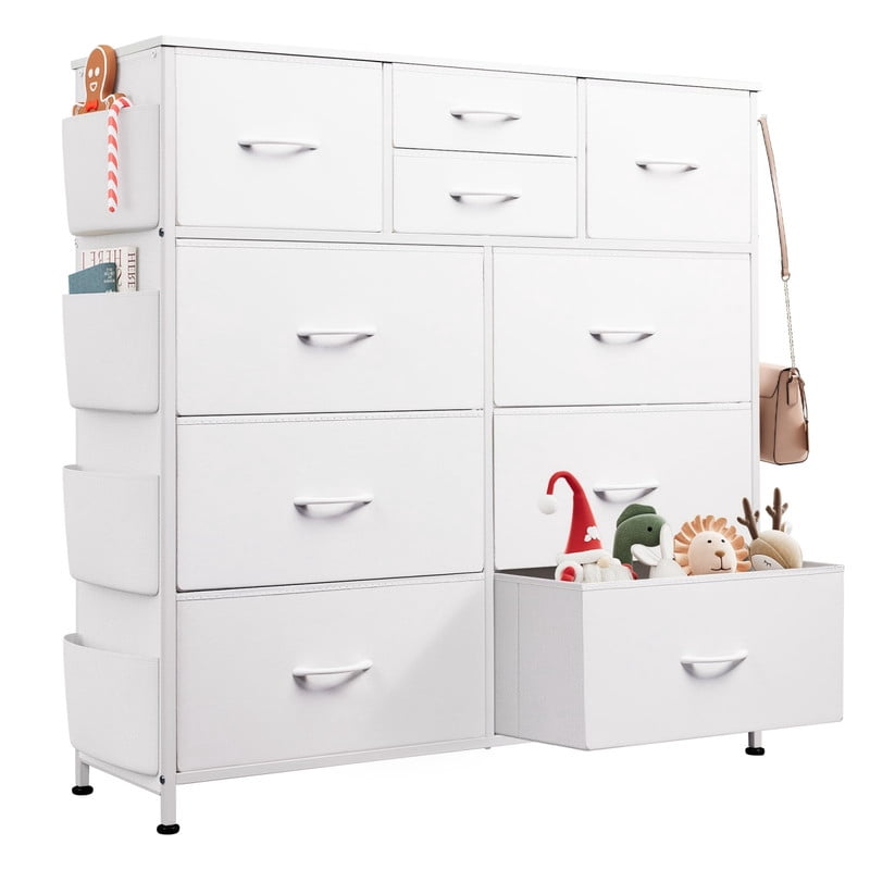 Kelno 10 Drawer Fabric Dresser Storage Organizer with Side Pockets Sturdy Metal Frame Wood Top, White