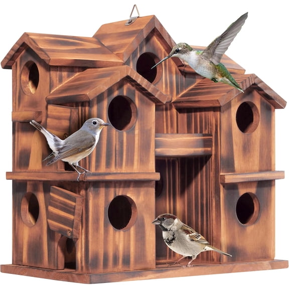 VASGOR Wooden Bird Houses for Outside – 10 Rooms Multi-Chamber Bird House, Carbonized Pine Rustic Finish, 1.57" Entrance Holes, Individual Cleaning Doors, Decorative Outdoor Bird Nesting Box