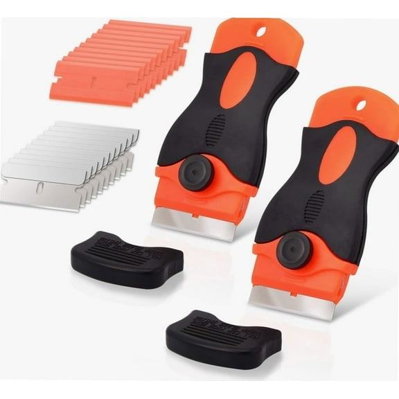 Razor Blade Scraper 2 pcs Cooktop Scraper Handle Adhesive Scraper with 10 Carbon Steel and 10 Plastic Blades for Removing Label,Sticker, Paint, Decals, Tint,Glue Residue from Glass Window Cooktop
