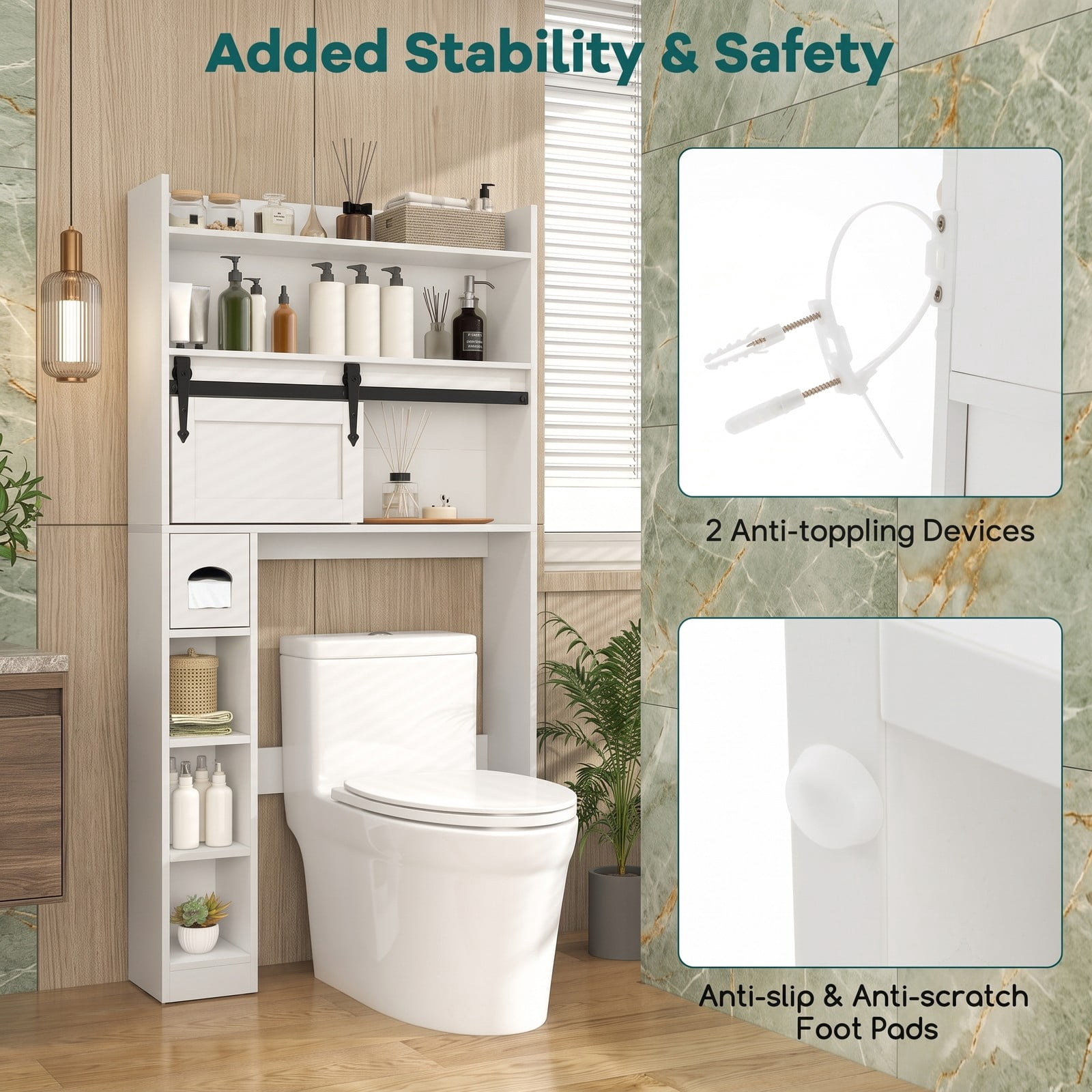 ALPULON Over The Toilet Storage Cabinet with Sliding Barn Door and 2 Adjustable Shelves, Freestanding Bathroom Space Saver Organizer Over Toilet, White
