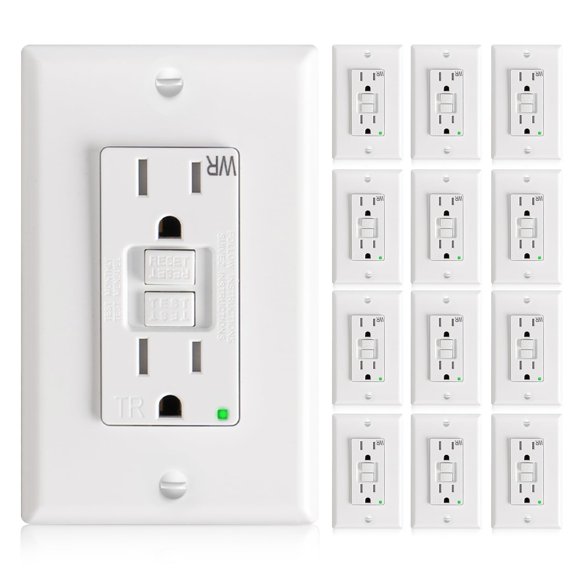 Amico Lot de 12 Prises GFCI 15 A avec Conception Plus Mince, Résistantes aux Intempéries (WR), Prises GFI d'Auto-test avec Indicateur DEL, Plaques Murales et Vis dans