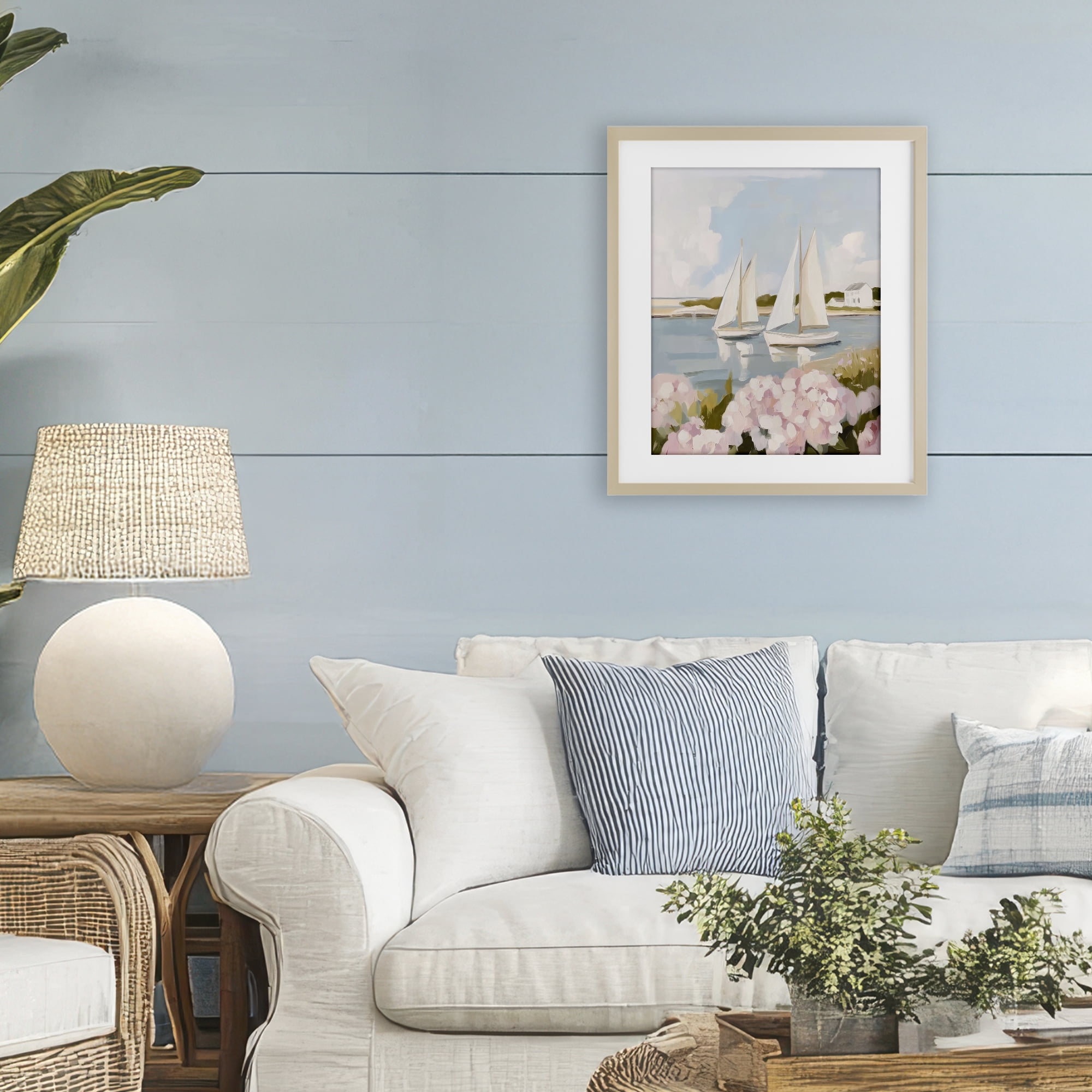 Stupell Industries Sailboat Duo with Pink Hydrangeas Birch Framed Print Under Glass, design by Sisi and Seb