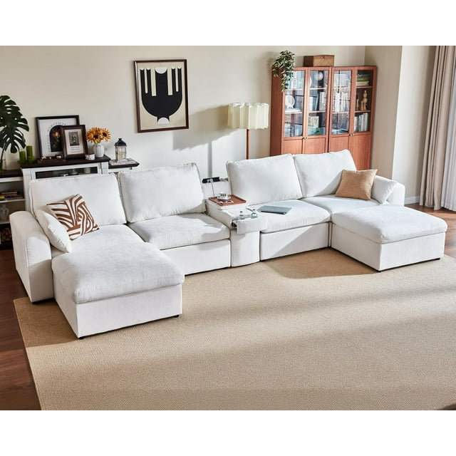 BEDEEP Canapé Sectionnel Modulaire de 174,4 Po avec Console et Station de Recharge, Canapé Nuage en Chenille en Forme de U avec Pouf de Rangement, Canapé Profond Convertible 6 Places avec Méridienne pour Salon, Blanc
