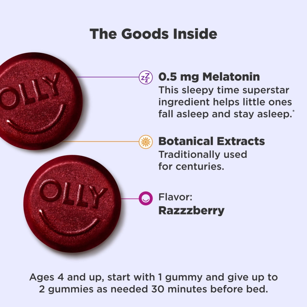 OLLY Kids Sleep Gummy Supplement, 0.5mg Melatonin, L Theanine, Sleep Aid, Raspberry Flavor, 70 Ct