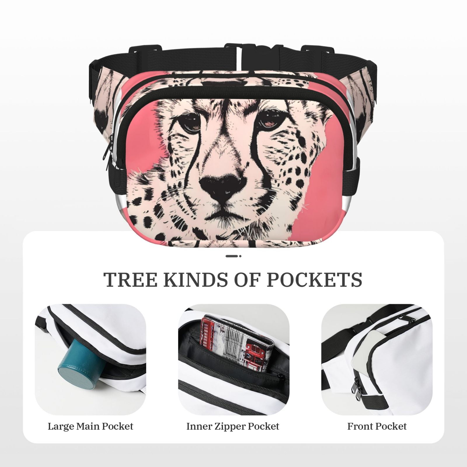 Ratiio Pink Cheetah Art Pattern Square Double Layer Waist Bag, Durable Twill Fabric Waist Pack with Adjustable Belt,Outdoor Hiking, Running, Travel Waist Bag