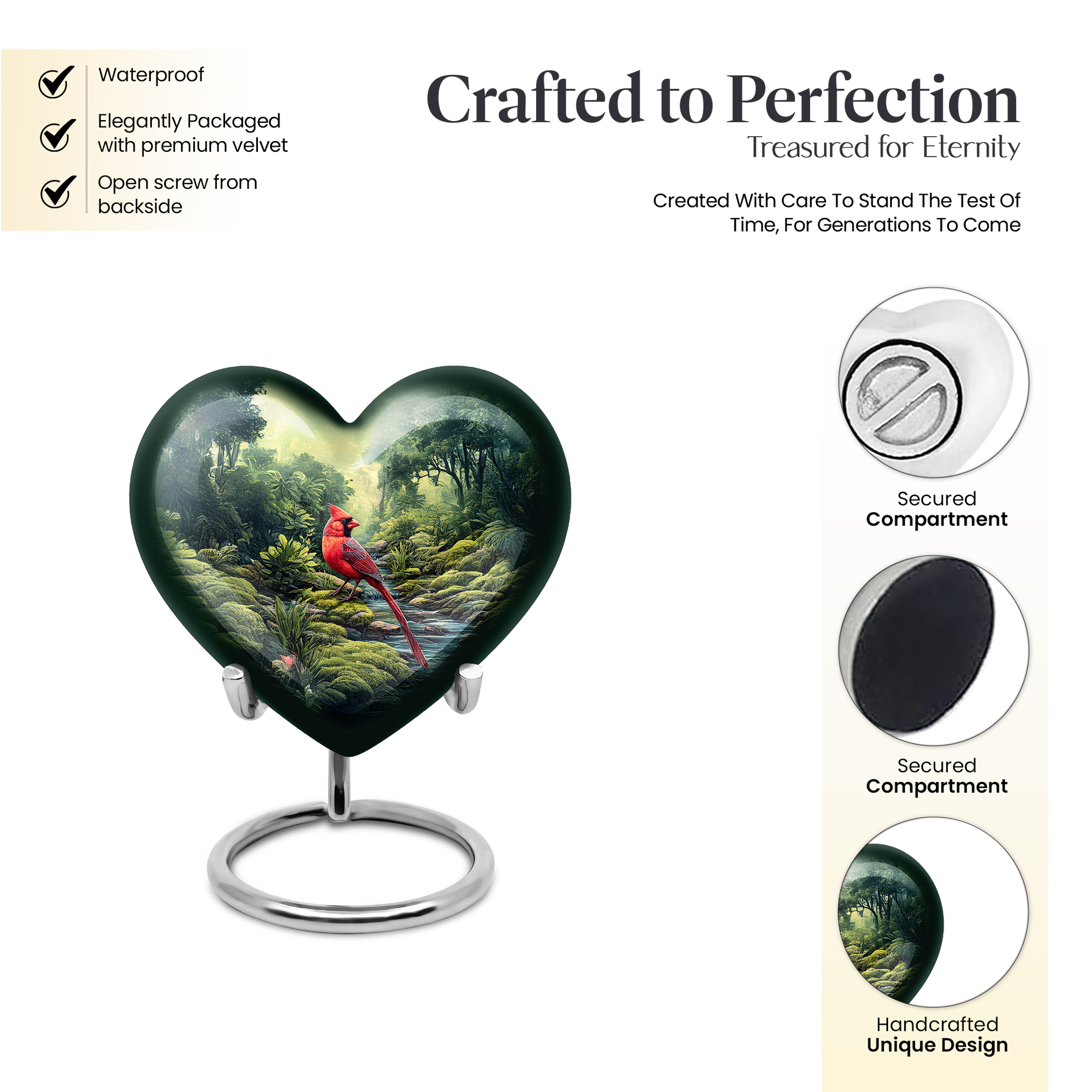 MUKTIVE Cardinal Bird Cremation Urns for Adult Ashes Women - Green Keepske Memorial Urns for Adult Male - Mini Funeral Urn for Mom and Dad - Burial Urn for Ashes for Women - 3 Inch (Heart)
