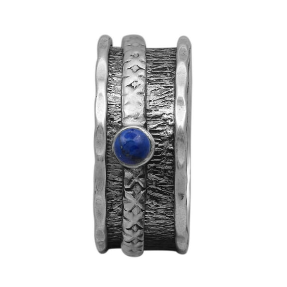 Spinner Ring 3MM Round Lapis Fidget Hammered 925 Silver Men Women Band