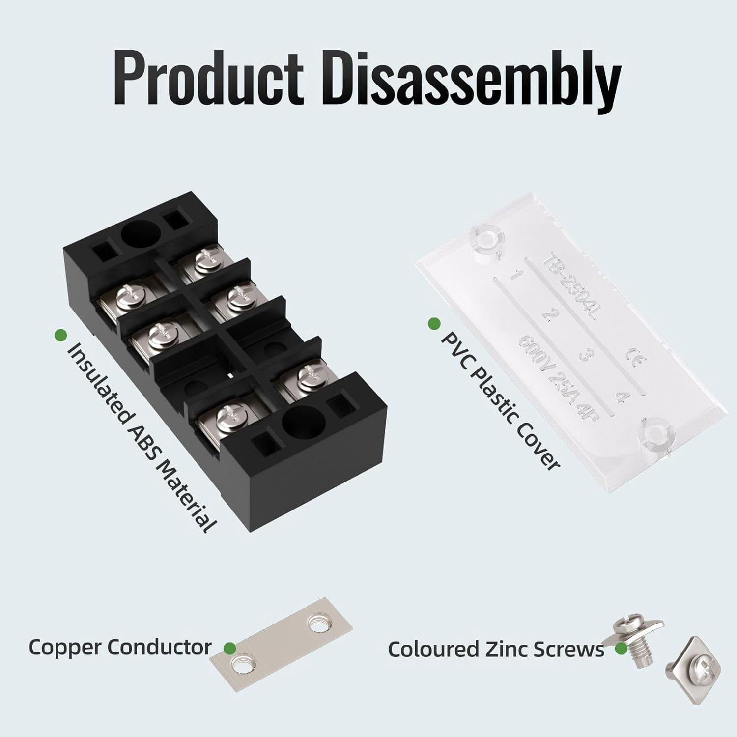 15 screw terminal blocks, 4/5/6 positions double row covered, 400 pre-insulated terminal isolation bars (6 sets of 154/5/6 + 6 sets of connecting bars)